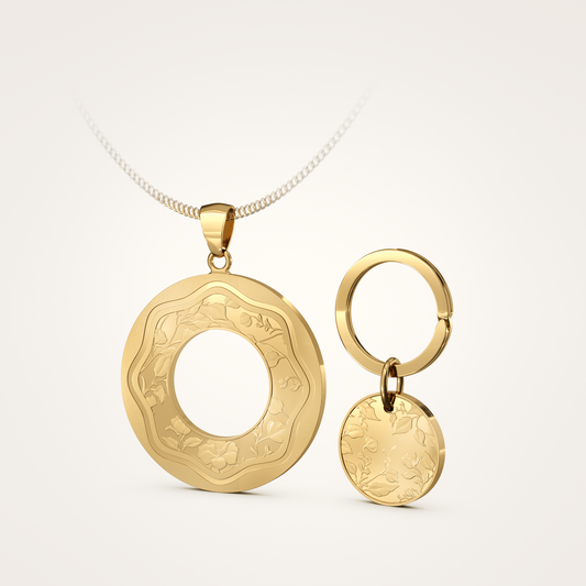 Anhänger-Set_-_Schmuckanhänger_&_Tier-Anhänger_mit_Sicherungsring_Floral_36mm_18_Karat_Gelbgold